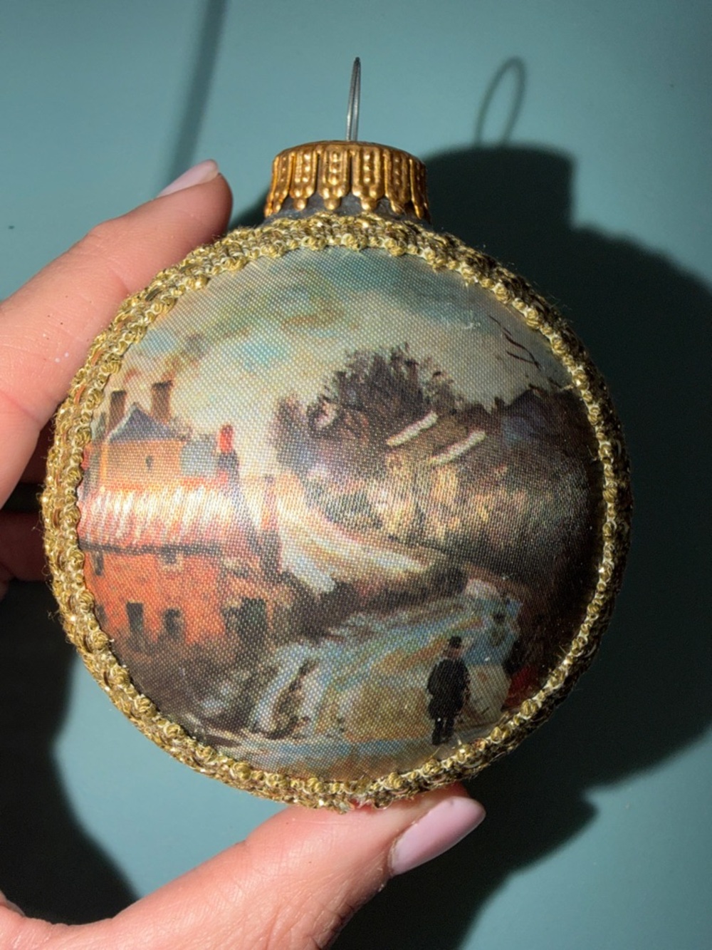Gold-Trim Vintage Landscape Holiday Ornament - Classic Winter Scene